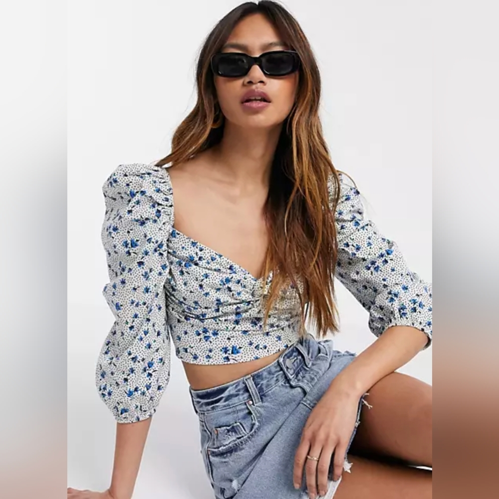 Stradivarius ruched crop top in floral & polka dot print